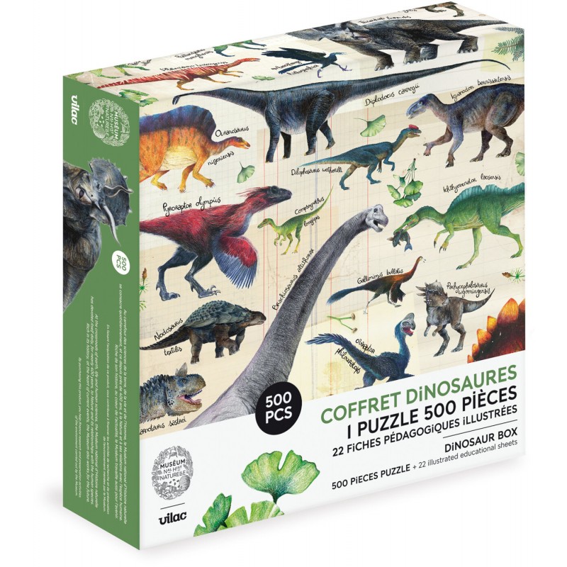 Puzzle 500 Dinozaury z kartami edukacyjnymi, Vilac